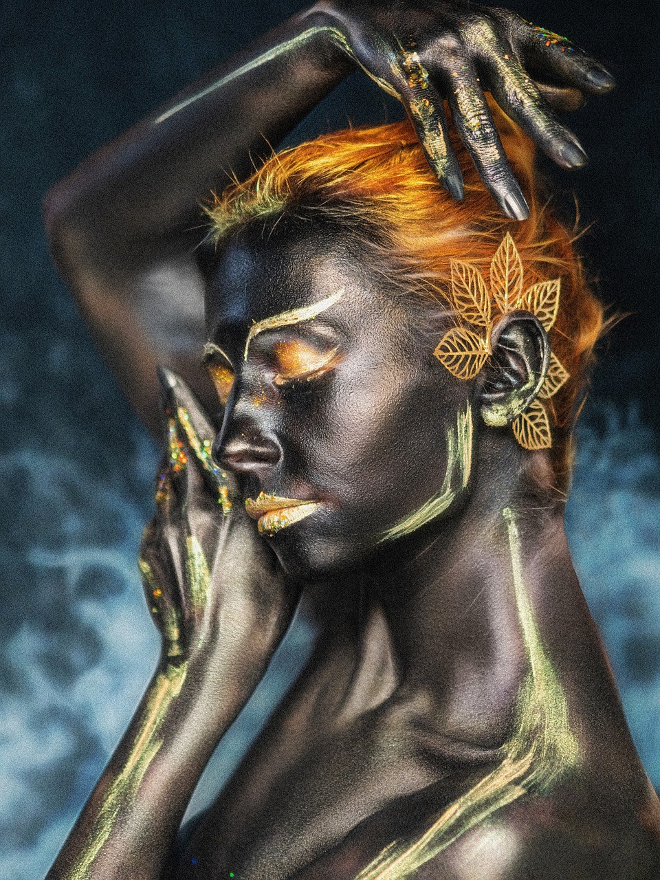 body painting, makeup, cosplay, portrait, dark skin, afro, africa, black skin, model, young woman, woman, makeup artist, art, smoke, gold, black, fantasy, mystical, person, beauty, makeup, africa, art, art, art, art, art, gold, gold, fantasy