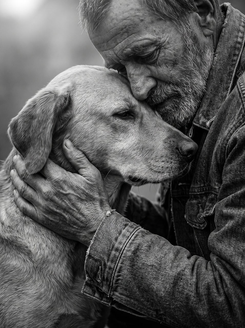 senior, man, dog, pet, affection, bond, love, emotional, portrait, black-and-white, loyalty, animal, companionship, elderly, labrador, embrace, friendship, care, human, trust